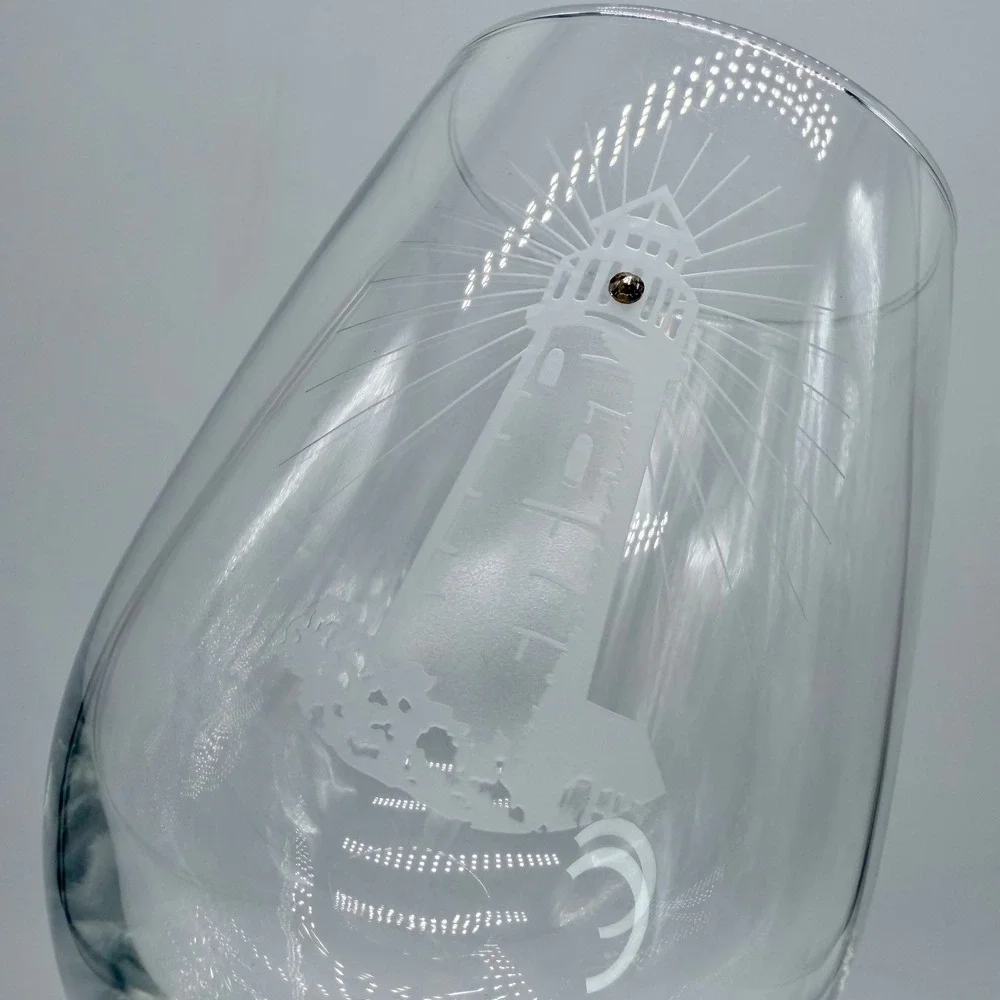 Etched Lighthouse Wine Glass with Rhinestone‎ Detail Coastal Nautical Stemware